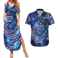 North Island Kokako and South Island Kokako Couples Matching Summer Maxi Dress and Hawaiian Shirt New Zealand Native Bird with Galaxy Vibe