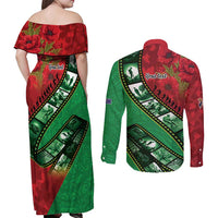 Personalised Cook Islands ANZAC 1915-2026 Filmstrip Couples Matching Off Shoulder Maxi Dress and Long Sleeve Button Shirt Lest We Forget 25 April