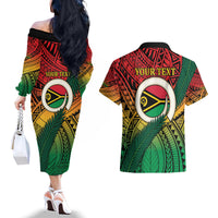 Personalised Vanuatu Yumi 44th Indipendens Dei Couples Matching Off The Shoulder Long Sleeve Dress and Hawaiian Shirt Vanuatuan Broad Tusk with Polynesian Tribal