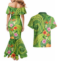 Polynesian Tribal Flower Tattoo Couples Matching Mermaid Dress and Hawaiian Shirt Special Lime Green Vibe LT9 - Polynesian Pride