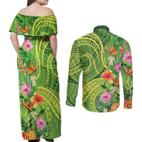 Polynesian Tribal Flower Tattoo Couples Matching Off Shoulder Maxi Dress and Long Sleeve Button Shirt Special Lime Green Vibe LT9 - Polynesian Pride