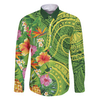 Polynesian Tribal Flower Tattoo Family Matching Short Sleeve Bodycon Dress and Hawaiian Shirt Special Lime Green Vibe