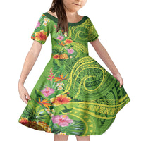 Polynesian Tribal Flower Tattoo Kid Short Sleeve Dress Special Lime Green Vibe LT9 KID Lime Green - Polynesian Pride
