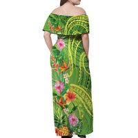Polynesian Tribal Flower Tattoo Off Shoulder Maxi Dress Special Lime Green Vibe