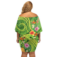 Polynesian Tribal Flower Tattoo Off Shoulder Short Dress Special Lime Green Vibe LT9 - Polynesian Pride