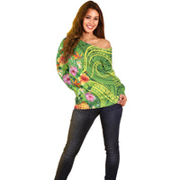 Polynesian Tribal Flower Tattoo Off Shoulder Sweater Special Lime Green Vibe LT9 - Polynesian Pride