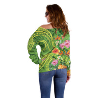 Polynesian Tribal Flower Tattoo Off Shoulder Sweater Special Lime Green Vibe LT9 - Polynesian Pride