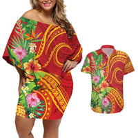 Polynesian Tribal Flower Tattoo Couples Matching Off Shoulder Short Dress and Hawaiian Shirt Special Vermilion Vibe LT9 Brownish-red - Polynesian Pride