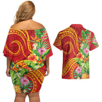 Polynesian Tribal Flower Tattoo Couples Matching Off Shoulder Short Dress and Hawaiian Shirt Special Vermilion Vibe LT9 - Polynesian Pride