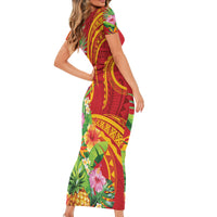 Polynesian Tribal Flower Tattoo Short Sleeve Bodycon Dress Special Vermilion Vibe