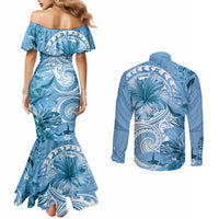 Polynesian Hibiscus Flower Tribal Couples Matching Mermaid Dress and Long Sleeve Button Shirt Blue Color LT9 - Polynesian Pride