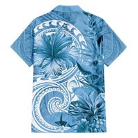 Polynesian Hibiscus Flower Tribal Family Matching Off Shoulder Short Dress and Hawaiian Shirt Blue Color