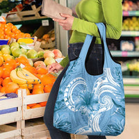 Polynesian Hibiscus Flower Tribal Grocery Bag Blue Color