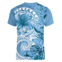 Polynesian Hibiscus Flower Tribal Women V Neck T Shirt Blue Color