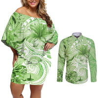 Polynesian Hibiscus Flower Tribal Couples Matching Off Shoulder Short Dress and Long Sleeve Button Shirt Lime Green Color LT9 Lime Green - Polynesian Pride