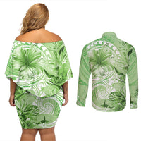 Polynesian Hibiscus Flower Tribal Couples Matching Off Shoulder Short Dress and Long Sleeve Button Shirt Lime Green Color LT9 - Polynesian Pride