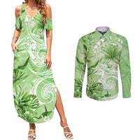 Polynesian Hibiscus Flower Tribal Couples Matching Summer Maxi Dress and Long Sleeve Button Shirt Lime Green Color