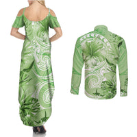 Polynesian Hibiscus Flower Tribal Couples Matching Summer Maxi Dress and Long Sleeve Button Shirt Lime Green Color