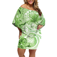 Polynesian Hibiscus Flower Tribal Family Matching Off Shoulder Short Dress and Hawaiian Shirt Lime Green Color