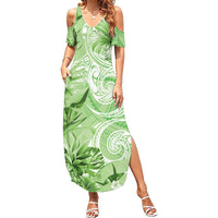 Polynesian Hibiscus Flower Tribal Family Matching Summer Maxi Dress and Hawaiian Shirt Lime Green Color