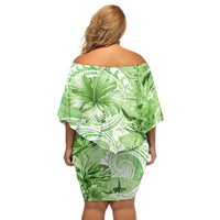 Polynesian Hibiscus Flower Tribal Off Shoulder Short Dress Lime Green Color