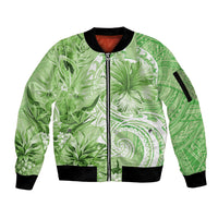 Polynesian Hibiscus Flower Tribal Sleeve Zip Bomber Jacket Lime Green Color