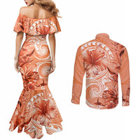 Polynesian Hibiscus Flower Tribal Couples Matching Mermaid Dress and Long Sleeve Button Shirt Peach Color LT9 - Polynesian Pride