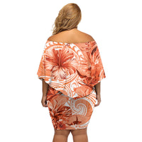 Polynesian Hibiscus Flower Tribal Family Matching Off Shoulder Short Dress and Hawaiian Shirt Peach Color
