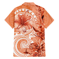 Polynesian Hibiscus Flower Tribal Family Matching Short Sleeve Bodycon Dress and Hawaiian Shirt Peach Color