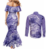 Polynesian Hibiscus Flower Tribal Couples Matching Mermaid Dress and Long Sleeve Button Shirt Violet Color