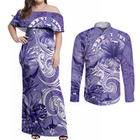 Polynesian Hibiscus Flower Tribal Couples Matching Off Shoulder Maxi Dress and Long Sleeve Button Shirt Violet Color