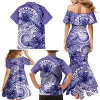 Polynesian Hibiscus Flower Tribal Family Matching Mermaid Dress and Hawaiian Shirt Violet Color