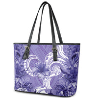 Polynesian Hibiscus Flower Tribal Leather Tote Bag Violet Color