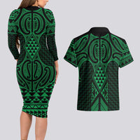 Kakariki Maori Ta Moko Poutama Art Couples Matching Long Sleeve Bodycon Dress and Hawaiian Shirt