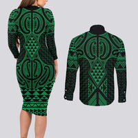 Kakariki Maori Ta Moko Poutama Art Couples Matching Long Sleeve Bodycon Dress and Long Sleeve Button Shirt