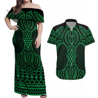 Kakariki Maori Ta Moko Poutama Art Couples Matching Off Shoulder Maxi Dress and Hawaiian Shirt