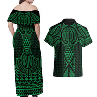 Kakariki Maori Ta Moko Poutama Art Couples Matching Off Shoulder Maxi Dress and Hawaiian Shirt