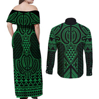 Kakariki Maori Ta Moko Poutama Art Couples Matching Off Shoulder Maxi Dress and Long Sleeve Button Shirt