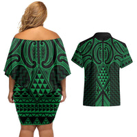 Kakariki Maori Ta Moko Poutama Art Couples Matching Off Shoulder Short Dress and Hawaiian Shirt
