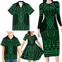 Kakariki Maori Ta Moko Poutama Art Family Matching Long Sleeve Bodycon Dress and Hawaiian Shirt