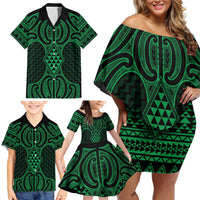 Kakariki Maori Ta Moko Poutama Art Family Matching Off Shoulder Short Dress and Hawaiian Shirt