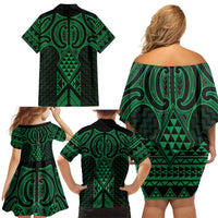 Kakariki Maori Ta Moko Poutama Art Family Matching Off Shoulder Short Dress and Hawaiian Shirt