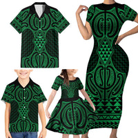 Kakariki Maori Ta Moko Poutama Art Family Matching Short Sleeve Bodycon Dress and Hawaiian Shirt