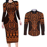 Karaka Maori Ta Moko Poutama Art Couples Matching Long Sleeve Bodycon Dress and Long Sleeve Button Shirt