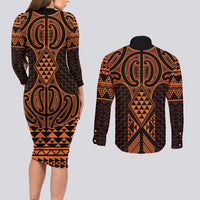 Karaka Maori Ta Moko Poutama Art Couples Matching Long Sleeve Bodycon Dress and Long Sleeve Button Shirt