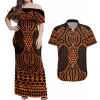 Karaka Maori Ta Moko Poutama Art Couples Matching Off Shoulder Maxi Dress and Hawaiian Shirt