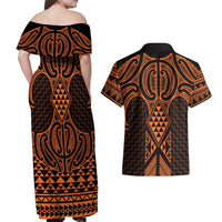 Karaka Maori Ta Moko Poutama Art Couples Matching Off Shoulder Maxi Dress and Hawaiian Shirt