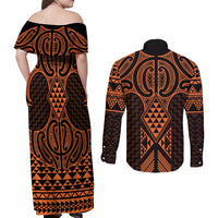 Karaka Maori Ta Moko Poutama Art Couples Matching Off Shoulder Maxi Dress and Long Sleeve Button Shirt
