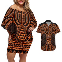 Karaka Maori Ta Moko Poutama Art Couples Matching Off Shoulder Short Dress and Hawaiian Shirt