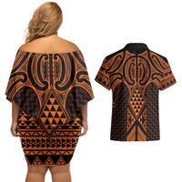 Karaka Maori Ta Moko Poutama Art Couples Matching Off Shoulder Short Dress and Hawaiian Shirt